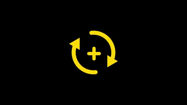Yellow plus sign with circular arrows on black background