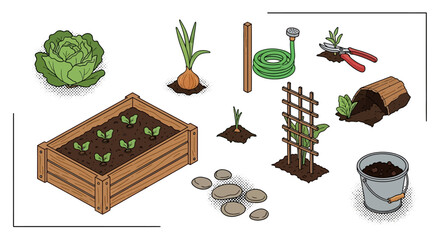 Garden essentials: tools and plants in detailed flat style for home gardening