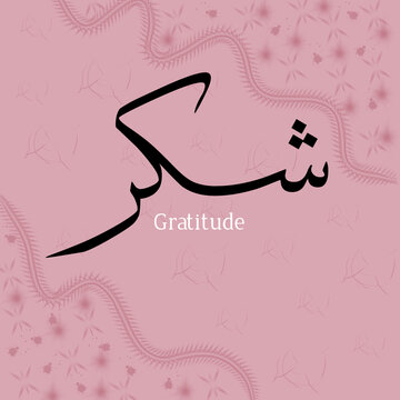 Shukar Arabic Calligraphy In Thuluth Style With English Translation - Gratitude Islamic Typography On Pink Background 