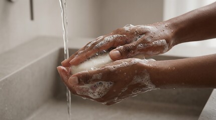 Fototapeta premium Closeup of hands washing with soap and running water in sink