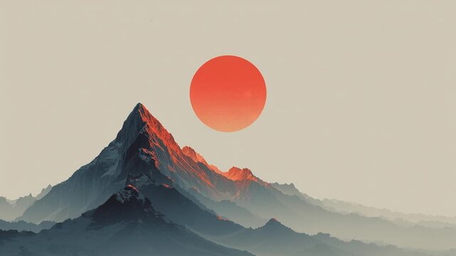 Red Sun Above Mountain Ridge Silhouette. Japanese Scene, Minimal Landscape, Calm Horizon.