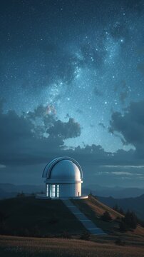 Astronomical Observatory Dome Under Starry Sky. Space Exploration, Scientific Research, Cosmic View.