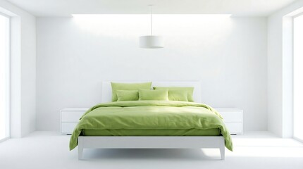 Modern minimalist bedroom with bright natural light and green bedding