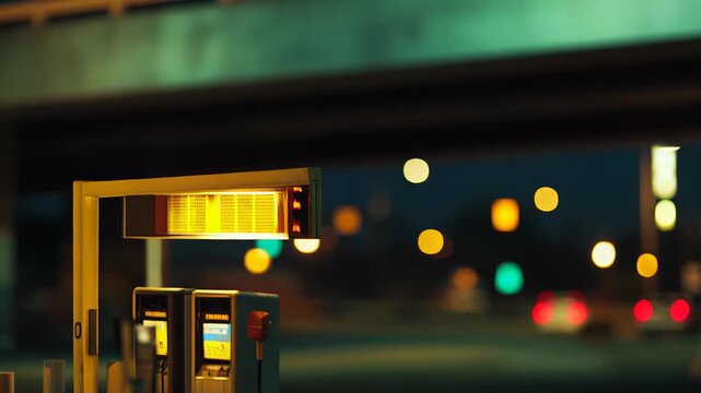 Toll booth payment terminal stands under an illuminated sign on a dark city street, with blurred car lights and bokeh suggesting movement and nocturnal urban life