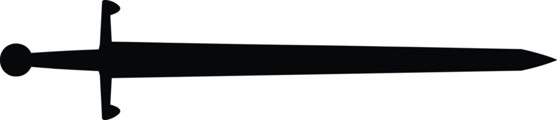 Obraz premium WebBlack sword silhouette icon, long steel blade weapon, medieval knight armory, ancient warrior equipment, metal sword vector, isolated fantasy battle illustration