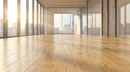 Sunlight streaming into modern empty office interior with wooden floor