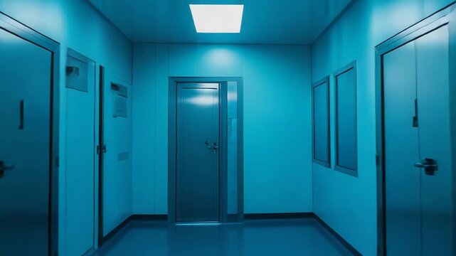 Long, empty corridor of a scientific facility or clinic, featuring a sterile, blue lit environment with numerous doors and windows, conveying themes of medical research and isolation