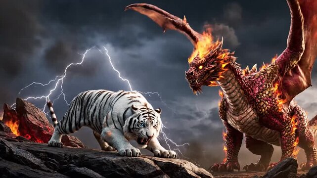 Fantasy battle scene depicting dragon and tiger clash under stormy sky