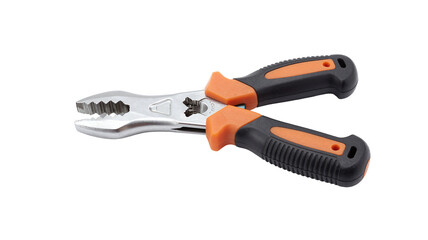 Obraz premium Wire stripper tool with black and orange handles isolated on white background for electrical work and repair