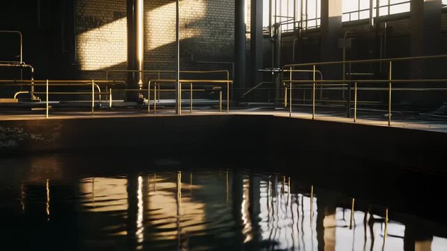 Inside an old industrial building, warm sunlight streams through large windows, creating golden hour reflections on the rippling surface of a large water pool and the surrounding brick walls