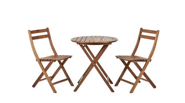 Rustic wooden bistro set with folding chairs and round table isolated on white background for outdoor patio