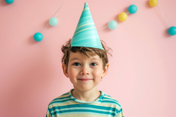 boy smiled with turquoise festive cone on head