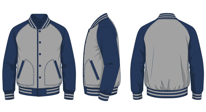 A navy and gray varsity jacket displayed from front and back views