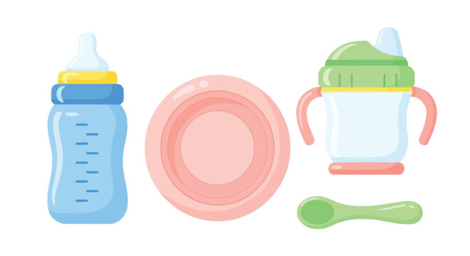 Baby feeding items including bottles plate spoon and sippy cup