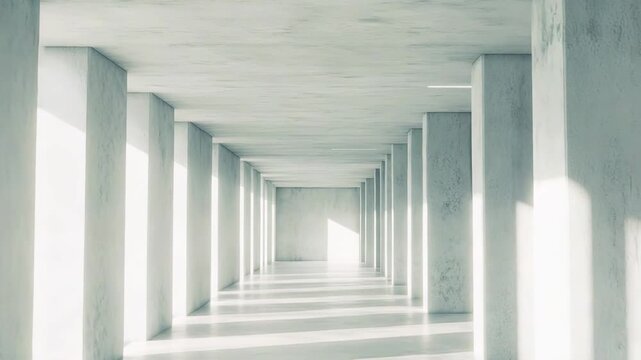 Empty concrete architectural space featuring a long hallway with parallel columns creating bright vertical light stripes and dark shadows on the textured walls and floor