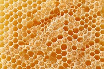 Close-up of a honeycomb, showcasing a detailed pattern of hexagonal cells. The honeycomb appears to be filled with honey, which can be seen by the texture and color