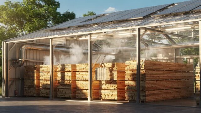 Solarassisted timber drying kiln capturing sunlight energy with medium shot of lumber piles drying sustainably to reduce environmental impact.