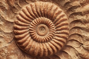 A detailed close-up of a well-preserved ancient fossil in a rock. The fossil is a spiral shape with intricate details. 