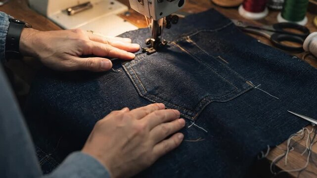 Medium shot of a tailor carefully sewing a patch pocket onto denim fabric highlighting detailed stitching and precise placement on a jacket.