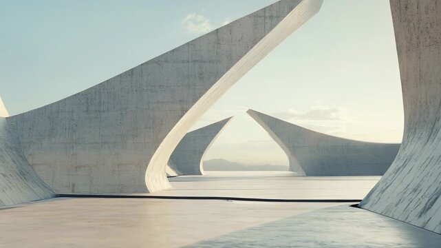 Concrete architectural forms with smooth planes and sweeping curves create a minimalist, futuristic exterior scene under clear sky, emphasizing innovation, clean lines and monumental scale