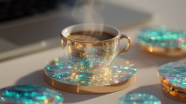 coffee in cup on coaster with steam rising holograms