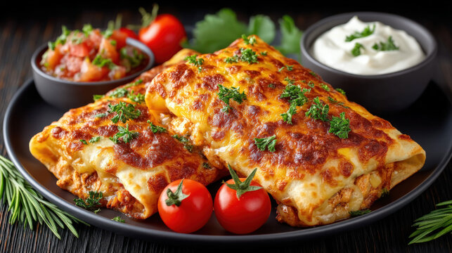 Chicken enchiladas with salsa and sour cream