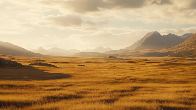 Golden prairie grass covering a wide expansive valley, bordered by towering mountains under a dramatic sky, capturing the tranquil beauty of nature during a soft golden hour