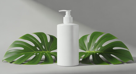 White pump bottle with large green monstera leaves, product display, clean beauty concept