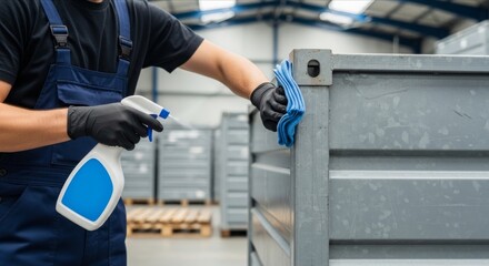 Warehouse Worker Cleans Steel Container with Spray and Cloth