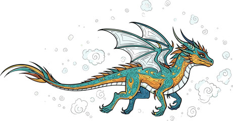 Vibrant blue dragon flying among white clouds