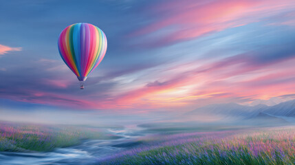 Fototapeta premium Colorful hot air balloon floats over a calm landscape at sunset