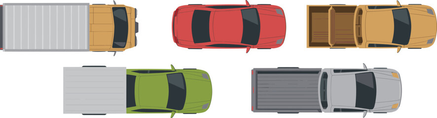 Flat vector illustration set of various vehicles from a top down aerial view including a red car, pickup trucks, and delivery vans © Sujay