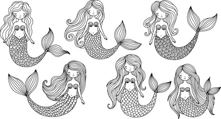 Whimsical cartoon mermaid vector illustration, black and white fantasy sea creatures, long flowing hair, seashell bikini tops, decorative coloring page design, stylized aquatic artwork © Creative World