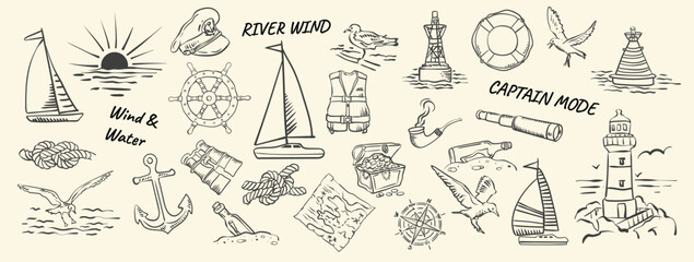 Vintage big set of maritime nautical and yachts symbols. Ship, anchor, steering wheel, binoculars, and elements of sea travel and voyages. For stickers, t-shirts, banners and posters. © Natali