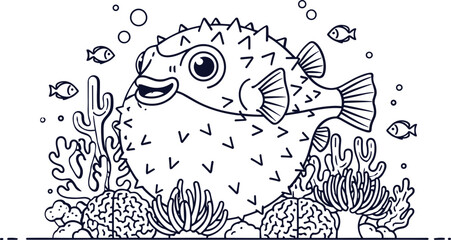 Vibrant pufferfish swimming with small fish in coral reef © Mother Of Mahofuj