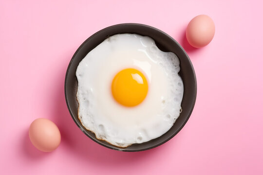 fried egg on frying pan near raw whole egg on pink background