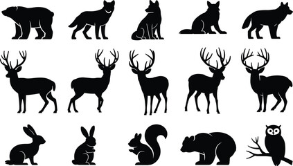Forest wildlife animal silhouette set including deer bear wolf rabbit squirrel and owl for nature conservation park icons and flat vector graphic design © Sujay