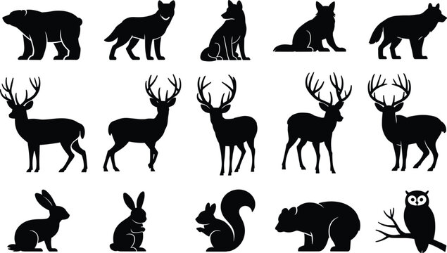Forest wildlife animal silhouette set including deer bear wolf rabbit squirrel and owl for nature conservation park icons and flat vector graphic design