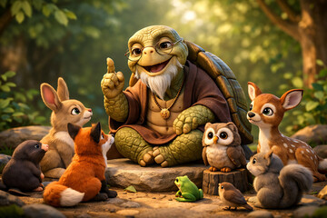 Fototapeta premium Wise old turtle teacher telling stories to forest animal friends in 3D animation style