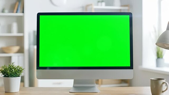 Modern Desktop Computer with Green Screen in a Bright Home Office.