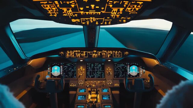 Airplane cockpit illuminated by dashboard lights offers a dynamic perspective of the runway during a night approach, highlighting the advanced avionics and systems for a safe aviation experience