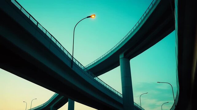 Modern multilane highway overpasses and elevated roads intersecting, forming complex lines and curves against a sky with street lights illuminating the twilight urban infrastructure