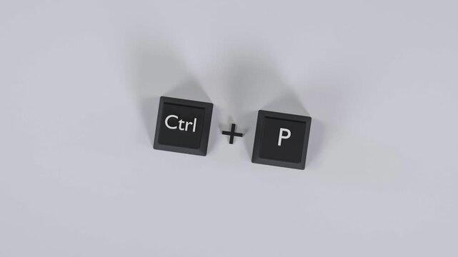 4K 3D Animation of Ctrl Plus P Keyboard Shortcut for Print Command on Clean Minimal Background
