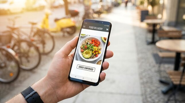 Close-up of Hand Holding Black Smartphone Showing Food Delivery App on Sunny Street
