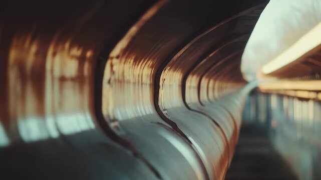 Industrial steel pipes in parallel lines creating a repeating abstract pattern with warm morning light highlighting textured surfaces and showing engineering infrastructure components