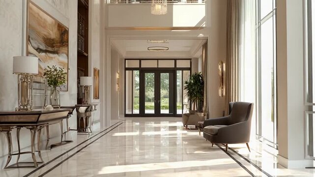 Spacious luxury mansion interior featuring an elegant hallway design with a highly polished marble floor, sophisticated decorative elements, sunlit ambiance highlighting opulence and high end living