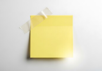 A bright yellow sticky note attached to a white surface with clear tape