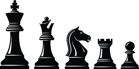 Black vector silhouette set of classic chess pieces featuring the king queen knight rook and pawn for board game strategy competition and intelligence brandingBlack vector  © MdRubel