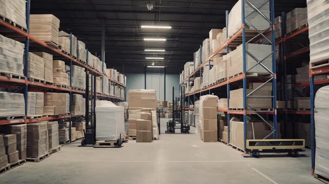 Vast warehouse interior featuring tall metal shelving brimming with stacked cardboard boxes and wrapped pallets, depicting efficient inventory management and logistics operations