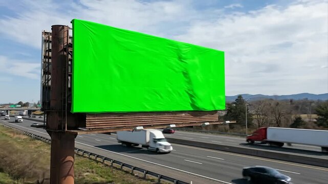 Highway Billboard Green Screen for Ad Mockup with Traffic Blur.